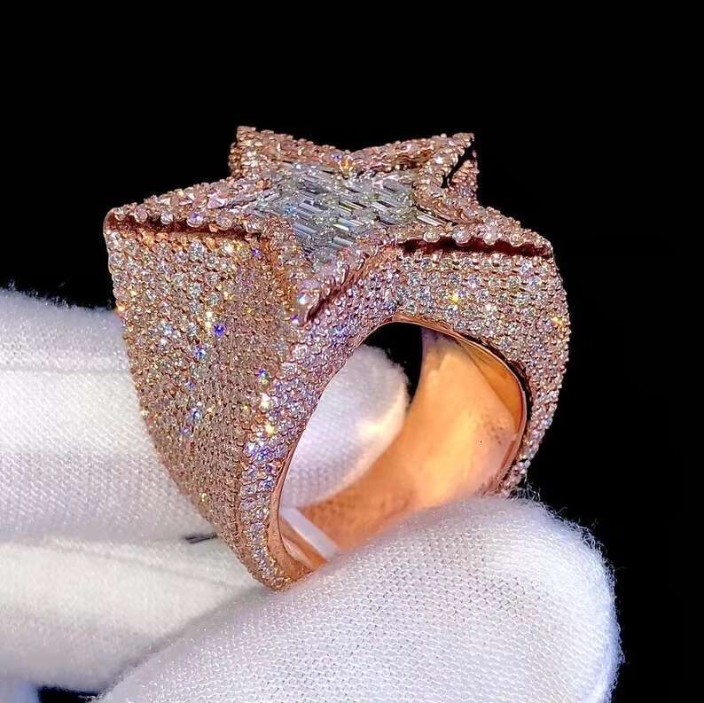 Hip Hop Rapper VVS D Colour Moissanite Diamond Luxury Two Color Iced Out Star Ring Baguette Cut for Mens Star Rings