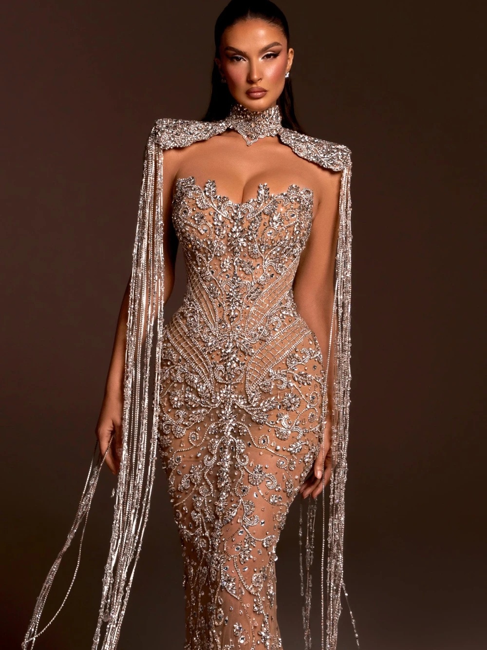 Luxury See Through Crystal Wedding Dresses Tassel Beading Strapless Bridal Gowns with Cape Rhinestone Customized Bride Dress Vestidos De Novia