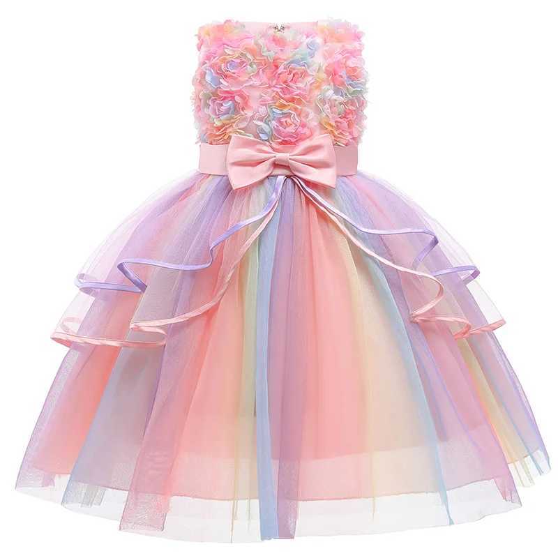 1 2 3 4 5 6 8 10 Years Flowers Baby Girls Dress Summer Rainbow Mesh Little Princess Dress Piano Performance Costume Kids Clothes X250528