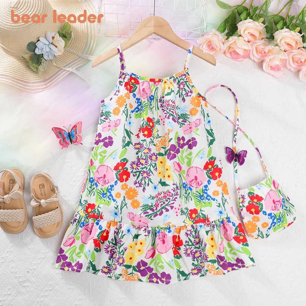 Bear Leader Childrens Wear 2023 Summer Girls Flower Print Sleeveless Strap Fashion Dress Girls Kids Beach Holiday Print Dress X250528