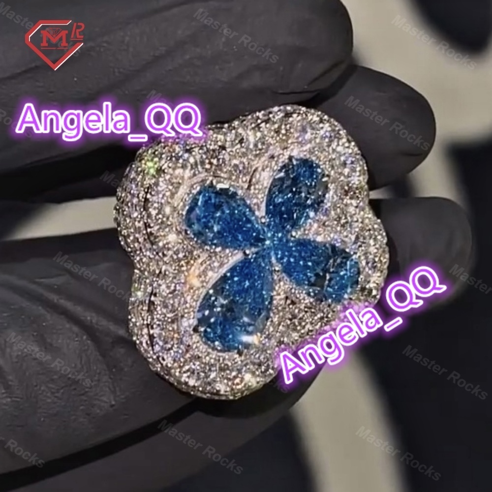Custom Moissanite Cross Ring Hip Hop Vvs Iced Out Blue Diamond 925 Sterling Silver Men Moissanite Ring