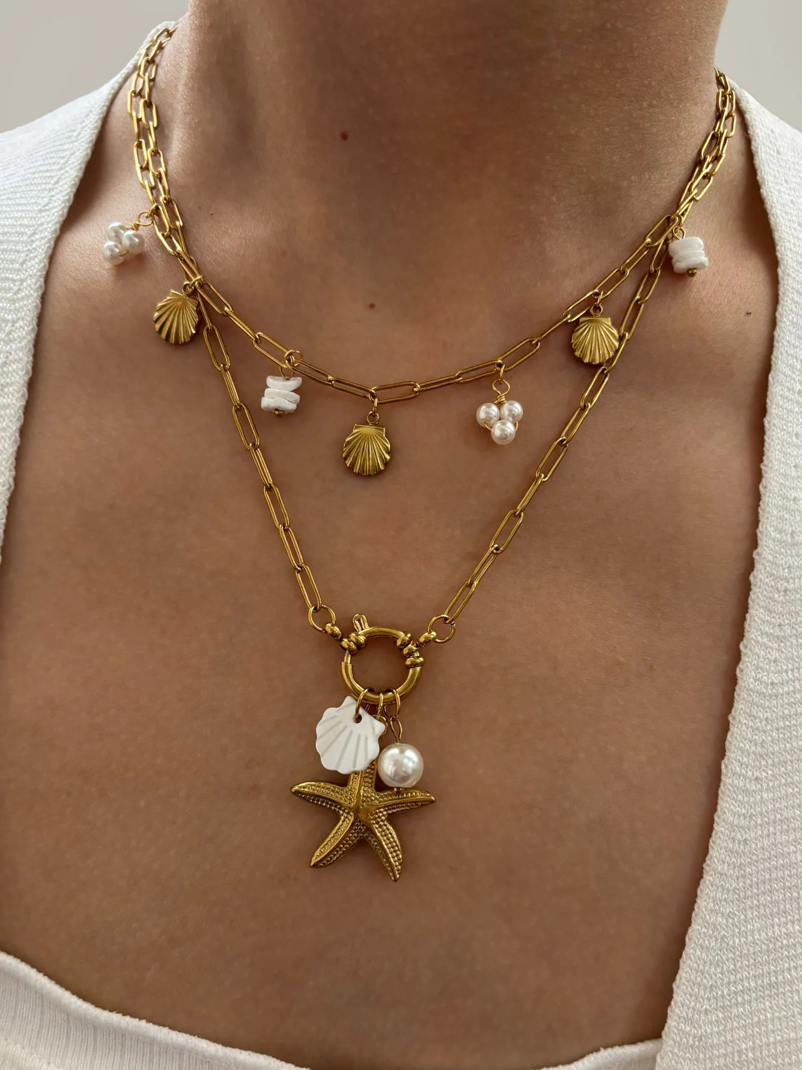 GHIDBK Fashion Stainless Steel Starfish Shell Pearl Pendant Necklaces for Women Beach Party Stackable Jewelry 2025 250522