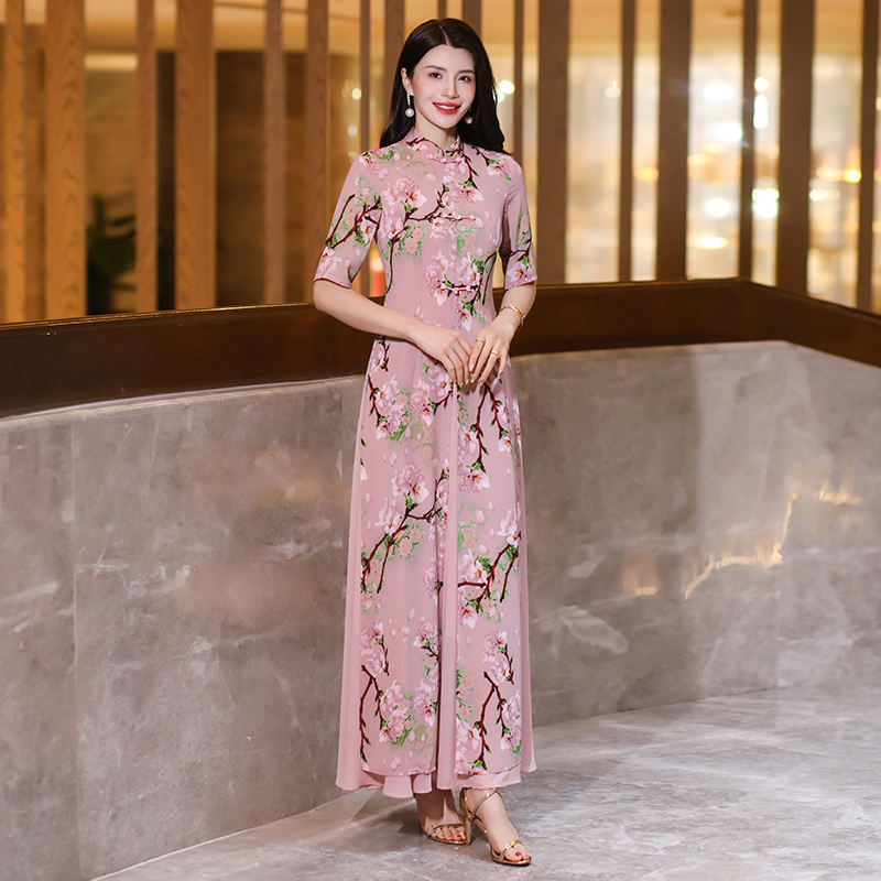 High Elegance Womens Short Printed Chiffon Cheongsam Maxi Dress for Summers