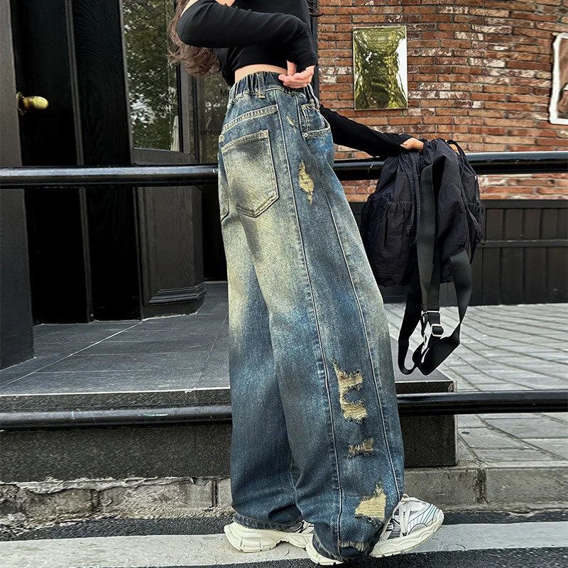 Street Stylish Kids Child Wide Leg Distressed Ripped Jeans with Side Holes for Girls Destroyed Denim Pants Trousers Age 514 250528