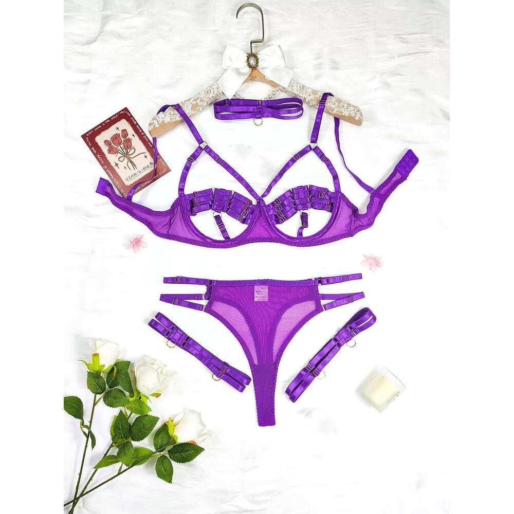ZYDSY High Quality Sexy Purple Lingerie Set Hot Sale 4Pcs Women's Underwear With Lace Decoration And Hollow Neck Leg Ring