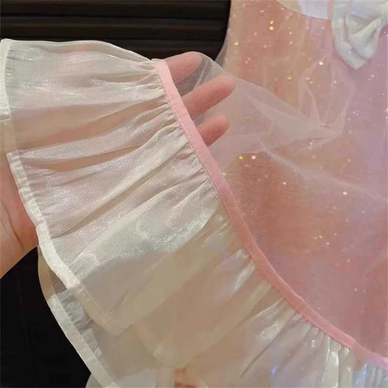 Bear Leader Korean Version Bow Sequin Mesh Princess Dress Sweet Sleeveless Round Neck Party Girl Clothes Kids Fashion Summer X250528
