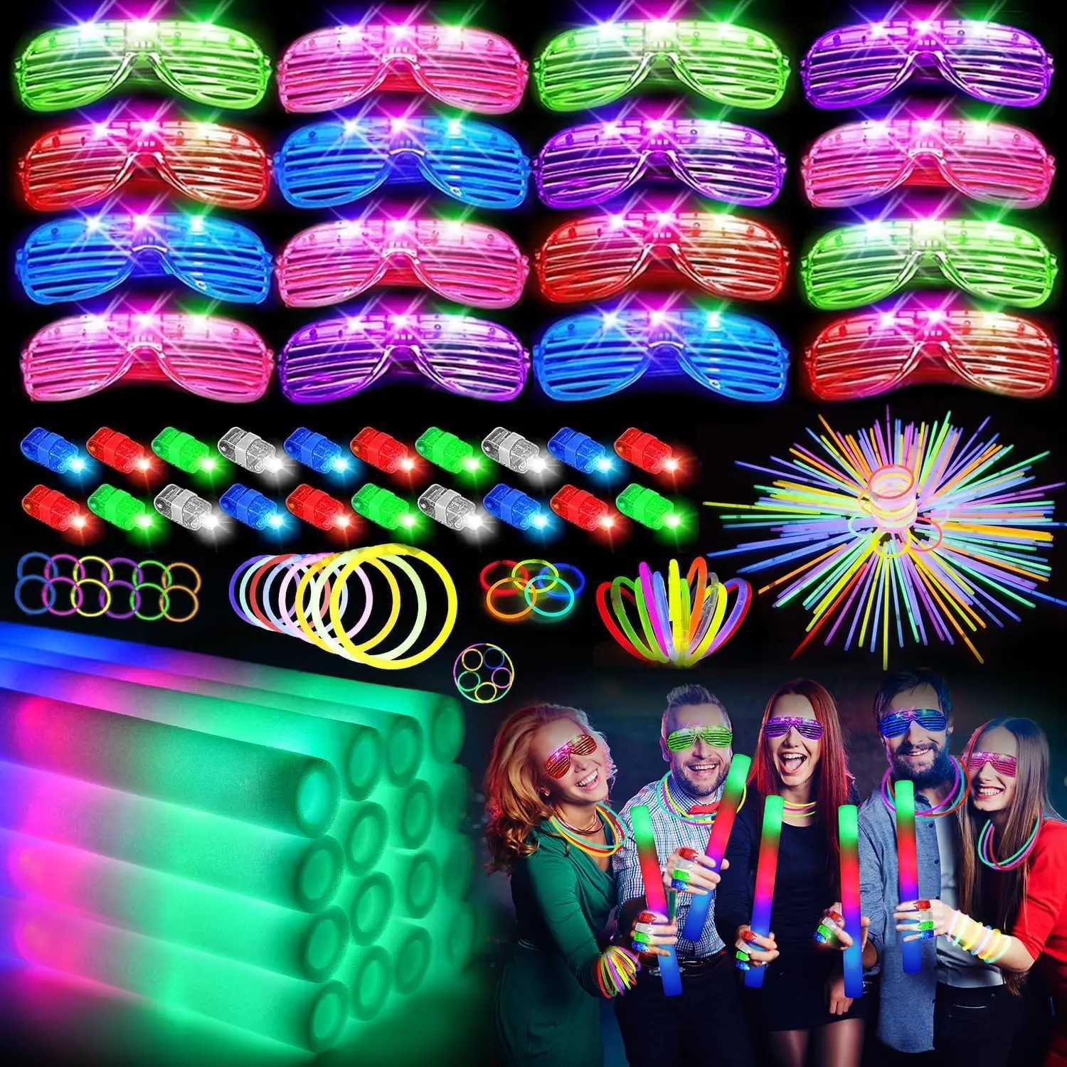 168 Pcs Neon Party Supplies 12 LED Glasses 16 Foam Sticks 40 Finger Lights 100 Glow Sticks for Birthdays Weddings Raves W250528