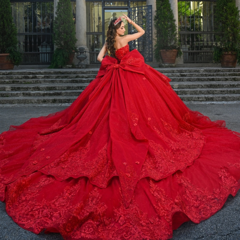 Red Shiny Quinceanera Dresses Off Shoulder Ball Gown Sweet 16 Dress Applique Lace Beading Crytal Bow Tull Birthday Party Vestidos 15 De Anos