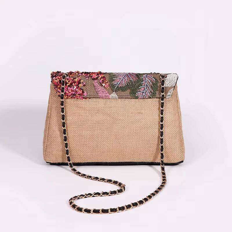Handmade Embroidered Sequin Underarm Shoulder Bag,Summer Floral Niche Designer Hemp Woven Flap Bag,Exquisite Gorgeous Handbag