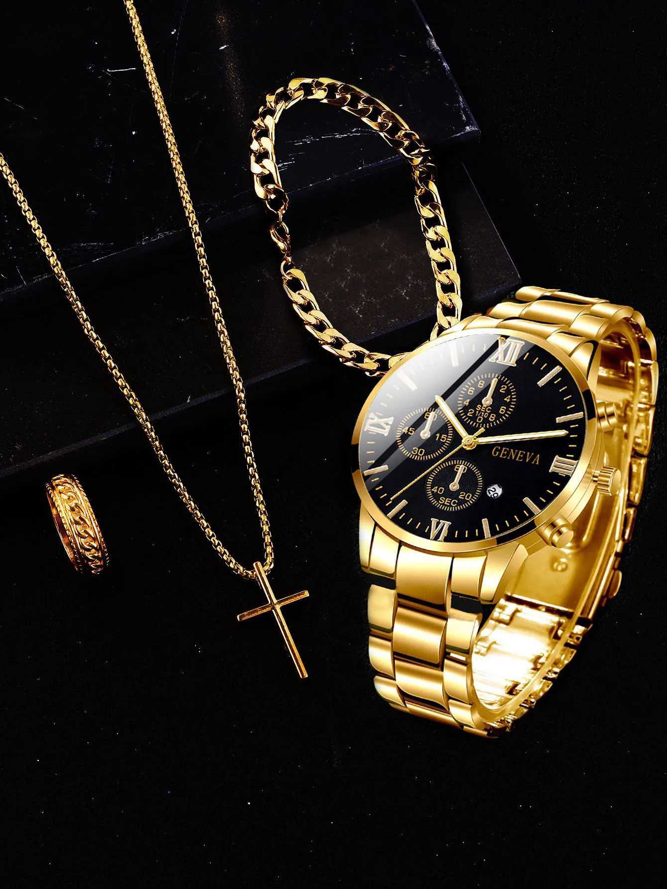 4pcs gold alloy Roman with calendar mens quartz watch and cross necklace bracelet ring set selected gift XJ250527