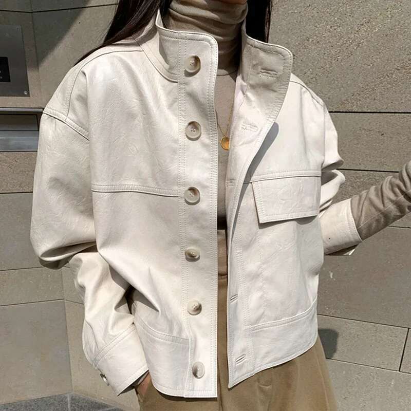 Korean Vintage Stand Collar Single Breasted Women Faux Leather Autumn Long Sleeve Casual Abrigo Mujer Short Biker Jacket