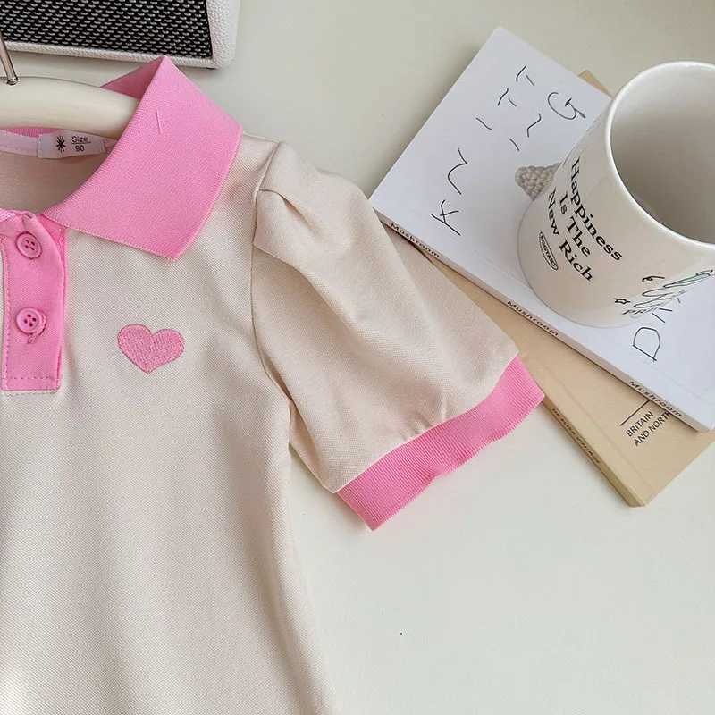 Casual Polo Dress for Kids Girl Summer Sweet Puff Sleeve A-line Fashion Embroidery Heart Pink White Fashion Outfits Girl Clothes X250528