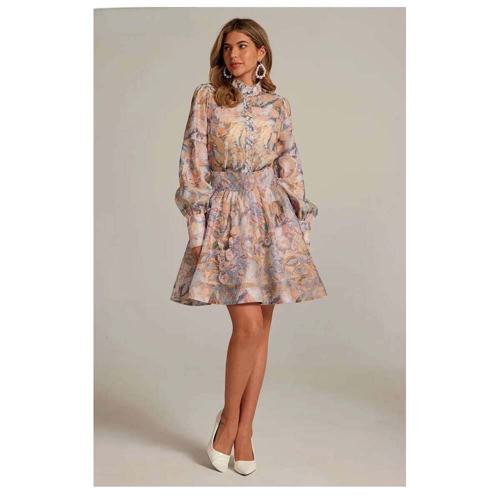 Women Vintage Floral Long Sleeve Shirt Tops And A-Line Skirts Suit 2025 Summer Holiday Birthday Two 2 Piece Sets