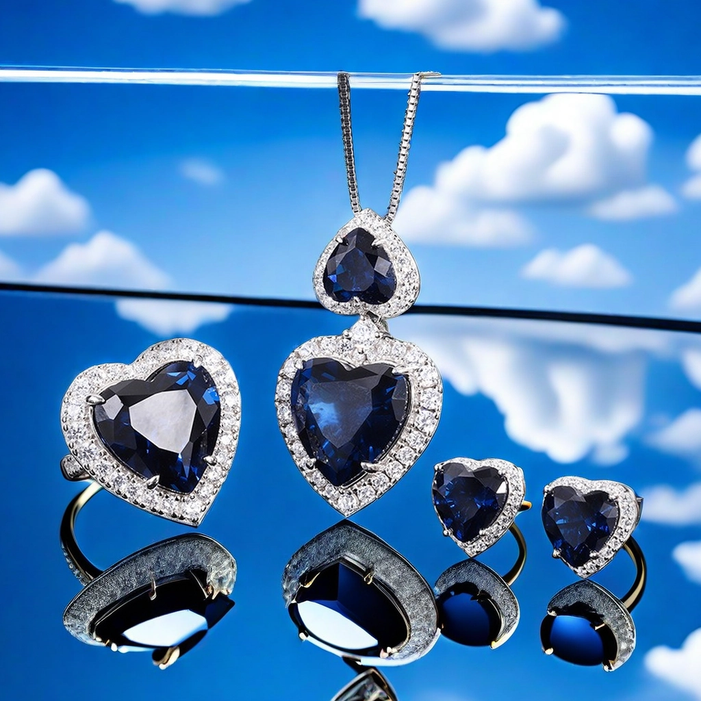 15*15 Love heart Jewelry Set S925 sterling Silver Royal Blue High Carbon Diamond Ring, Pendant Necklace, Earrings ,Antique Classic Elegant Precious Je