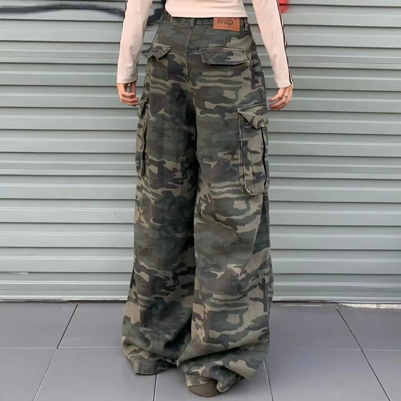 Women Y2K Camouflage Cargo Jeans Vintage High Waist Hip Hop Wide Leg Pants Female Street Wear Baggy Straight Denim Trouser 250526