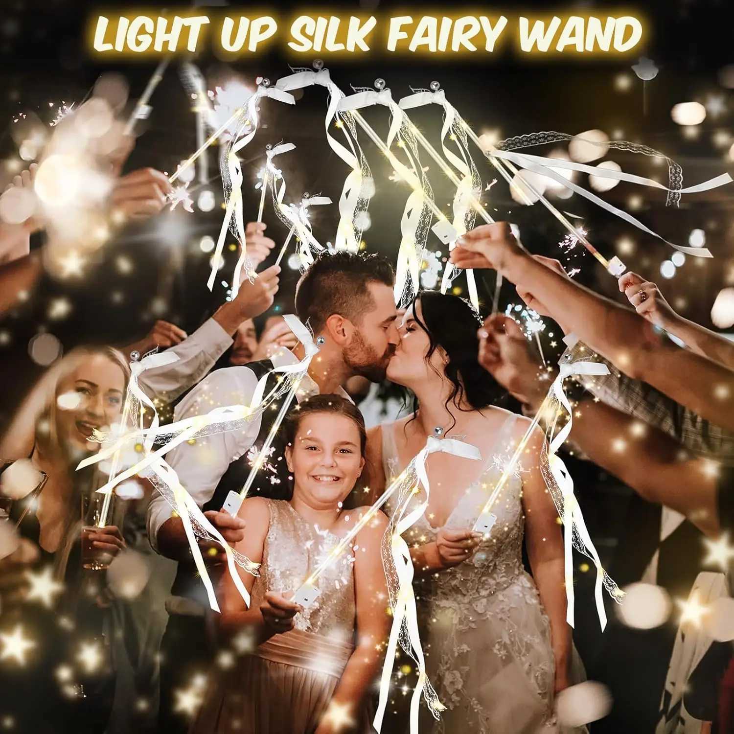 20-150Pcs Light up Wedding Wands LED Ribbons Wands Streamers Wedding Silk Fairy Sticks with Bells for Wedding Party Supplies W250528