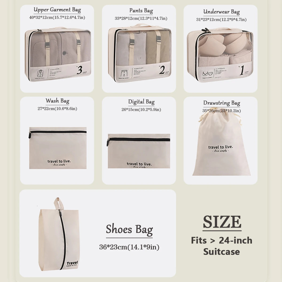 7 Pcs Minimalist Simple Letters Pattern Packaging Cubes Lightweight Versatile Luggage Bag Set 250526