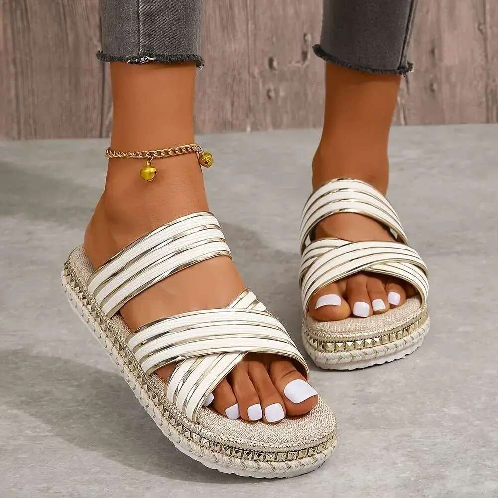 Summer Espadrille Women's Slide Sandals, Crisscross Band Open Toe Casual Outdoor Platform Slides