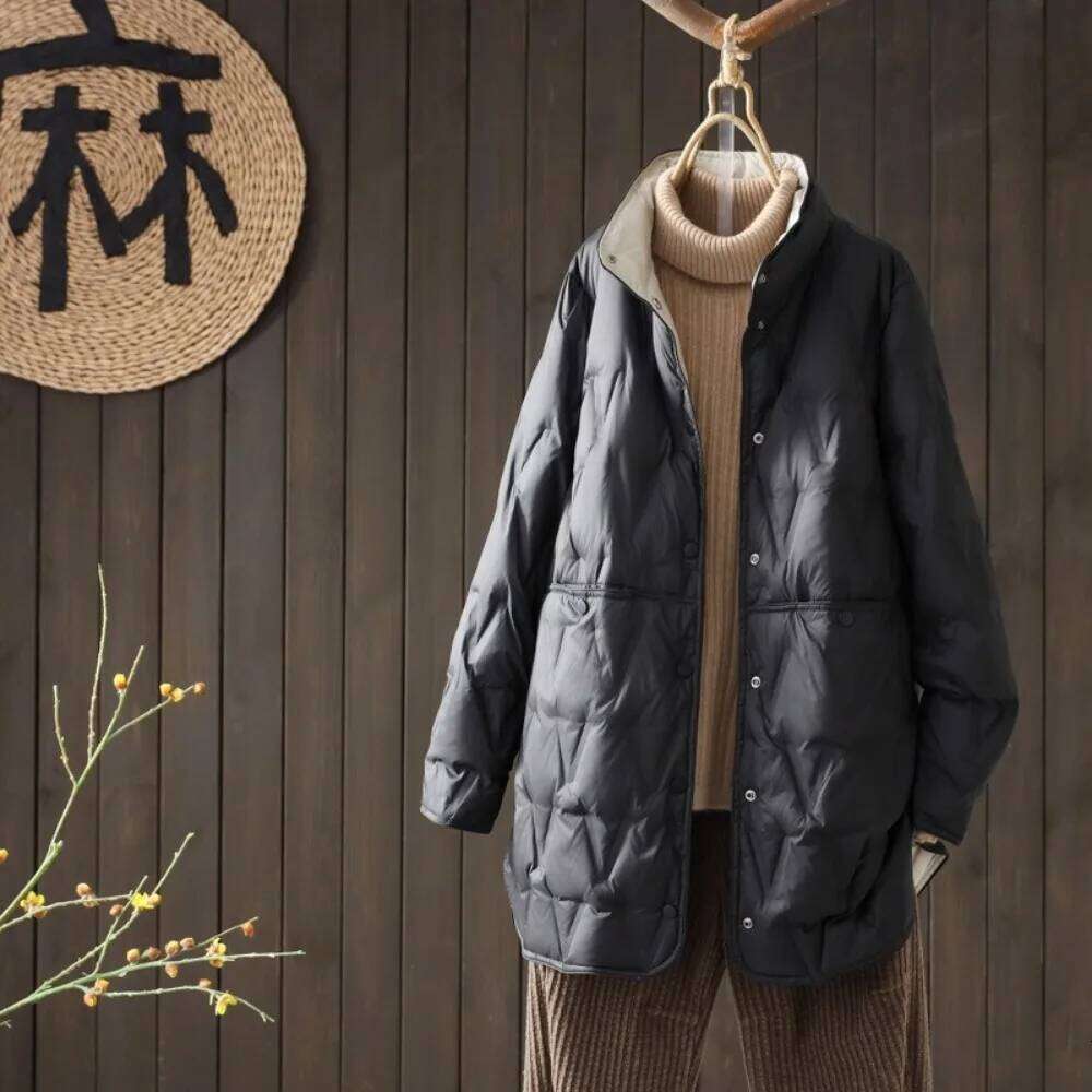 New Autumn Winter Ultralight Long White Duck Down Female Single-Breasted Double Sided Puffer Jacket Women