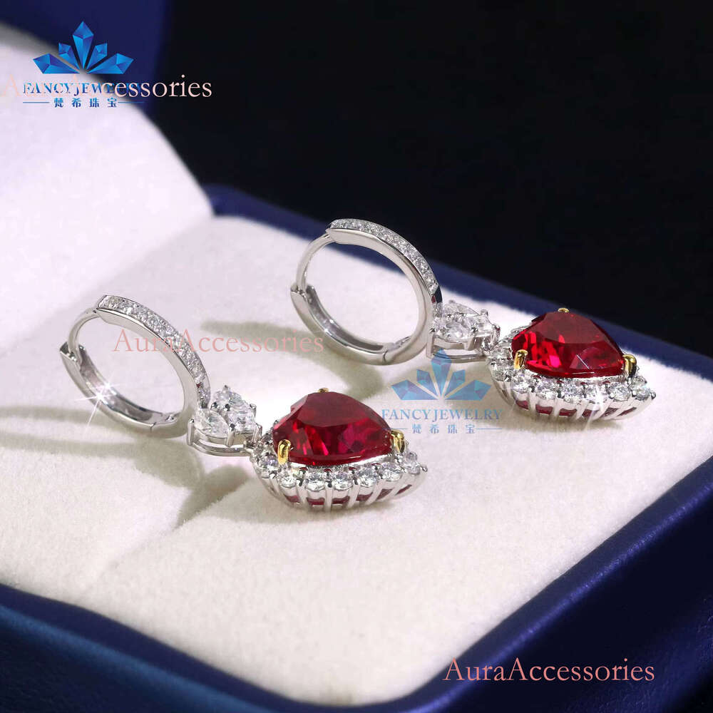 Fine Jewelry Real White Gold Heart Shape Drop Earrings with 8x8mm Ruby for Weddings