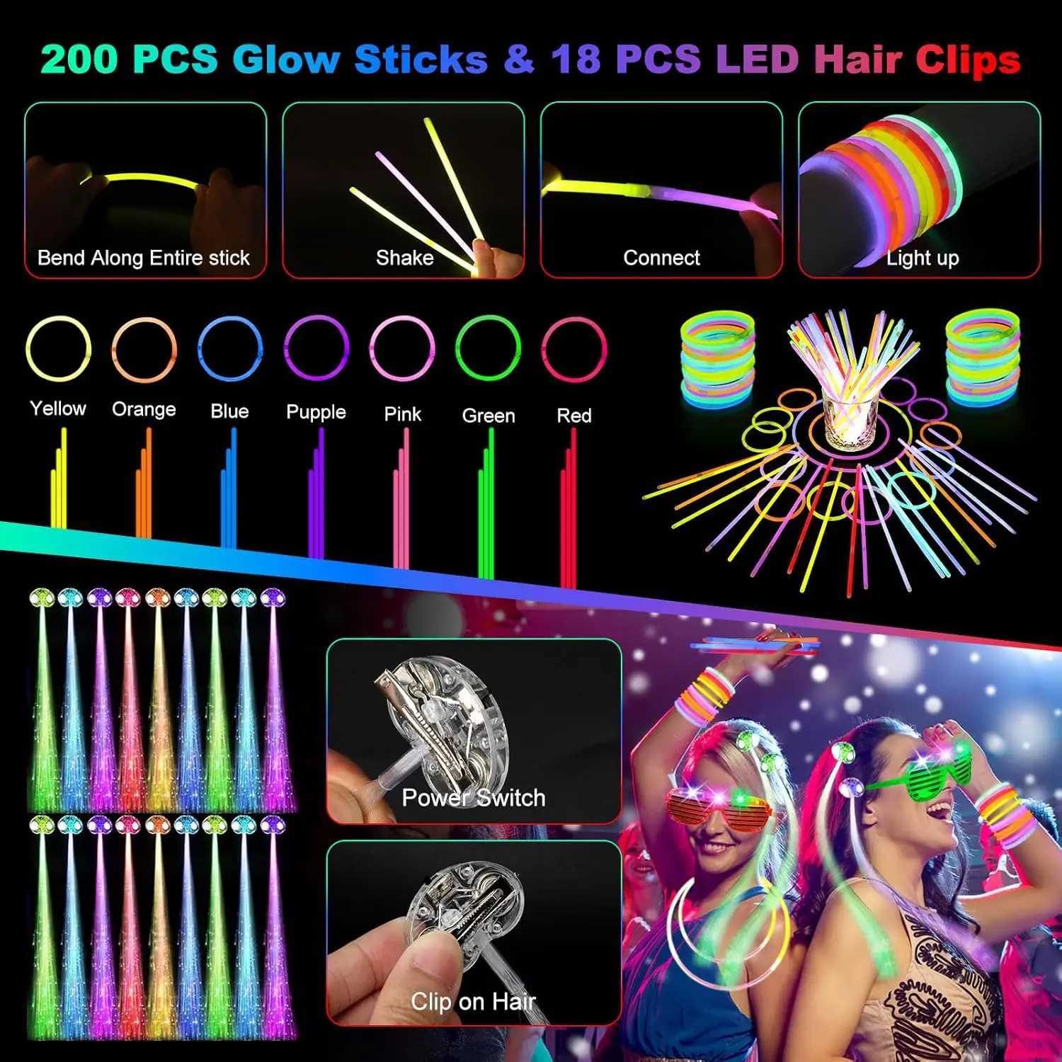 290-Pack LED Party Supplies 200 Glow Sticks 24 Fiber Wands 15 LED Glasses 33 Finger Lights 18 Hair Clips for Wedding W250528