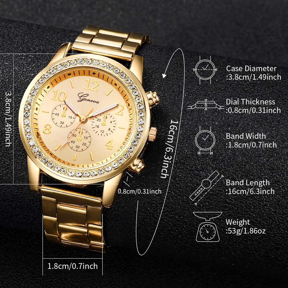 Fashion Women Stainless Steel Gold Color Quartz Watch Diamond Bracelet XJ250527