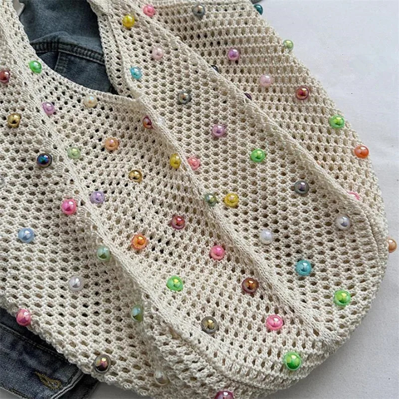 Summer Commuting Woven Bag for Women Single Armpit Bag Fashion Large Capacity Tote Bag Beach Pearl Hollow Handbag Shoulder Bag 250527