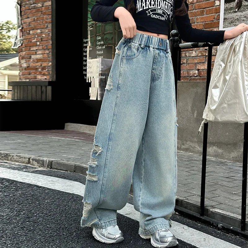 Street Stylish Kids Child Wide Leg Distressed Ripped Jeans with Side Holes for Girls Destroyed Denim Pants Trousers Age 514 250528