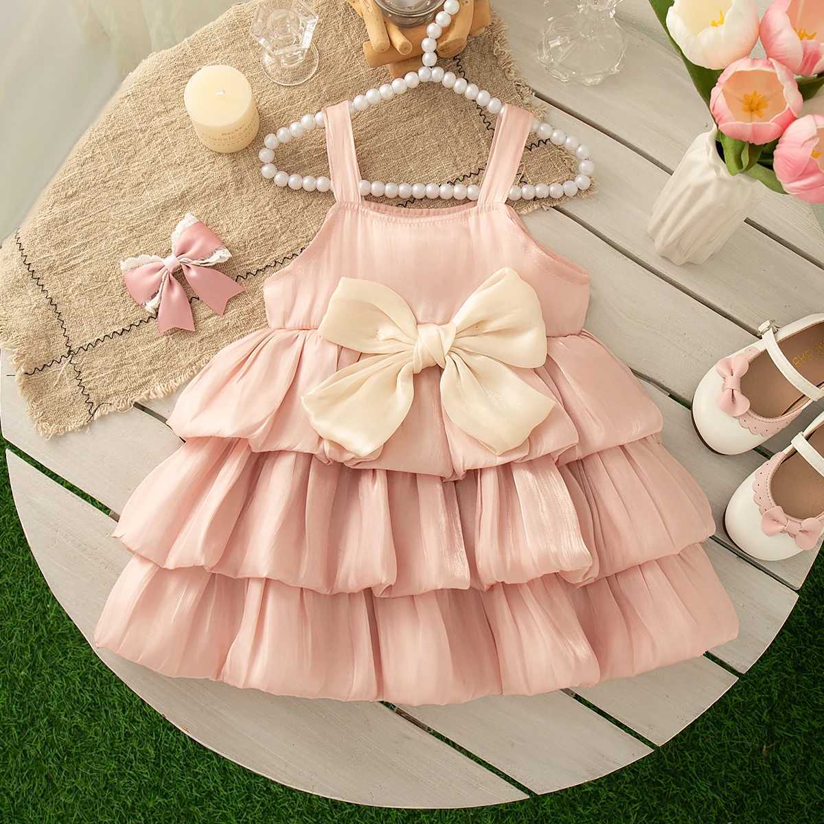 Baby Girl Dress Summer Bow Solid Color Halter Multi Layered Design Hem Girl Kids Dress Cute Casual Baby Princess Dresses X2505281