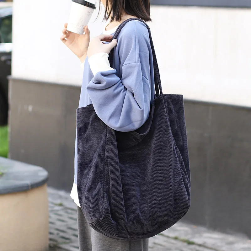 Women Vintage Corduroy Shoulder Bag Large Capacity Female Big Tote Handbag Folding Reusable Shopping Bags Fashion Cloth Purse 250526