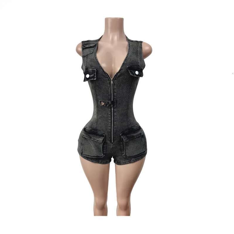 2025 Women V-Neck Sleeveless Denim Short Jumpsuit Playsuits Summer Street Party Pocket Cargo Romper One Piece Playsuit