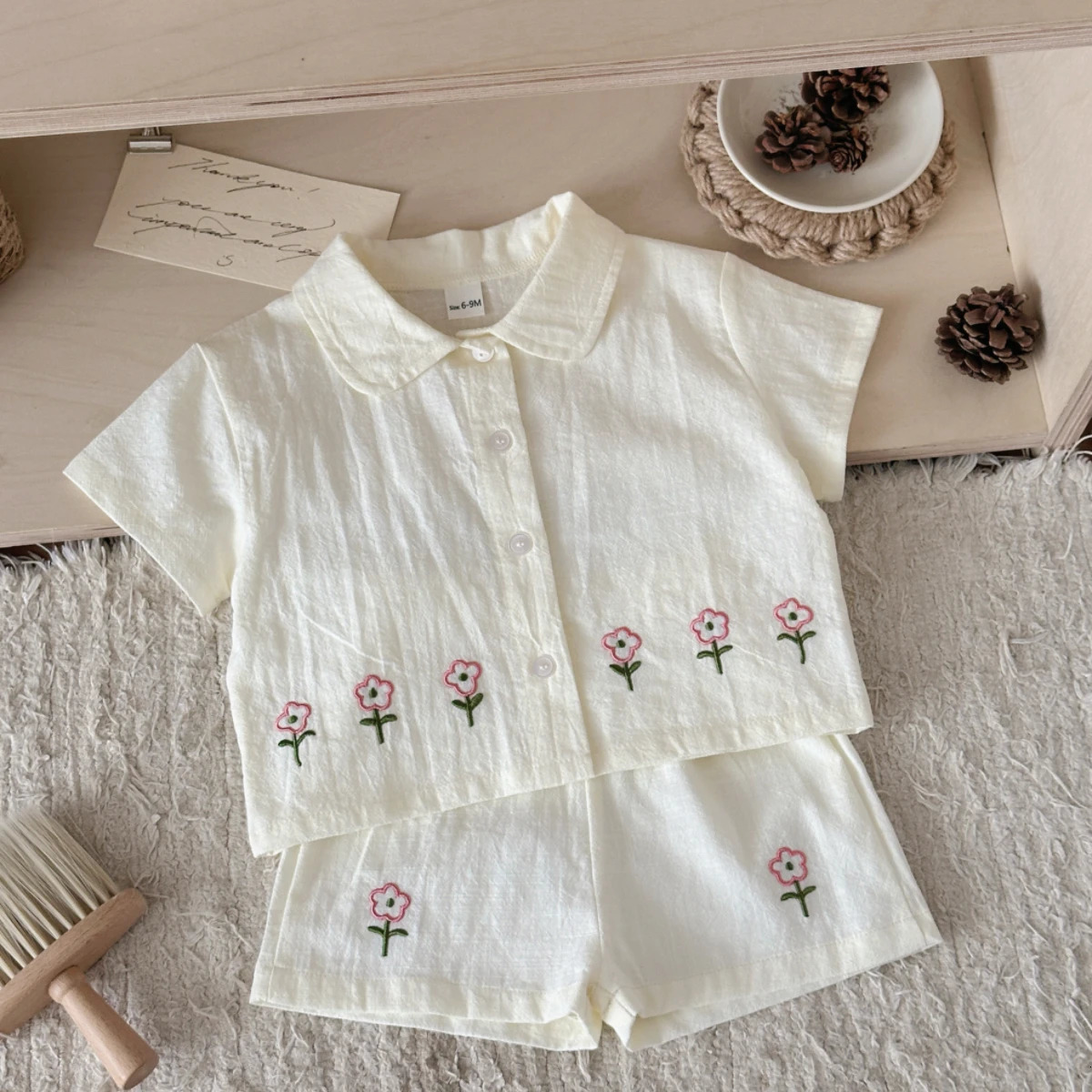Cute Summer Baby Tracksuit Set Embroidered Flower Cotton Shirt Shorts Child Casual Sports Clothes Fashionable Outfit 250528