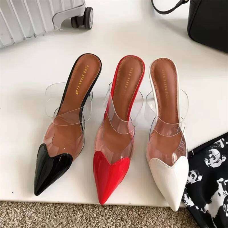 PVC Women Mules Pointed Toe Slip On Patchwork Hearts Patent Leather Elegant Thin High Heel Lady Pumps