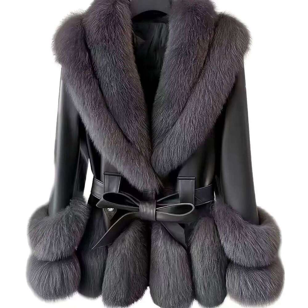 Faux Fur Coat for Women,Adjustable Waist Leather Jacket,Turn-down Collar, Thick Warm Clothes, High Quality, Autumn and Winter