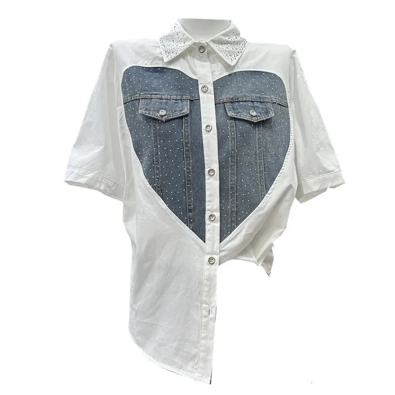 DEAT Women Shirt Loose Patchwork Denim Heart Rhinestone Single Breasted Short Sleeve Blouse Summer 2025 Fashion 29A1098 250523