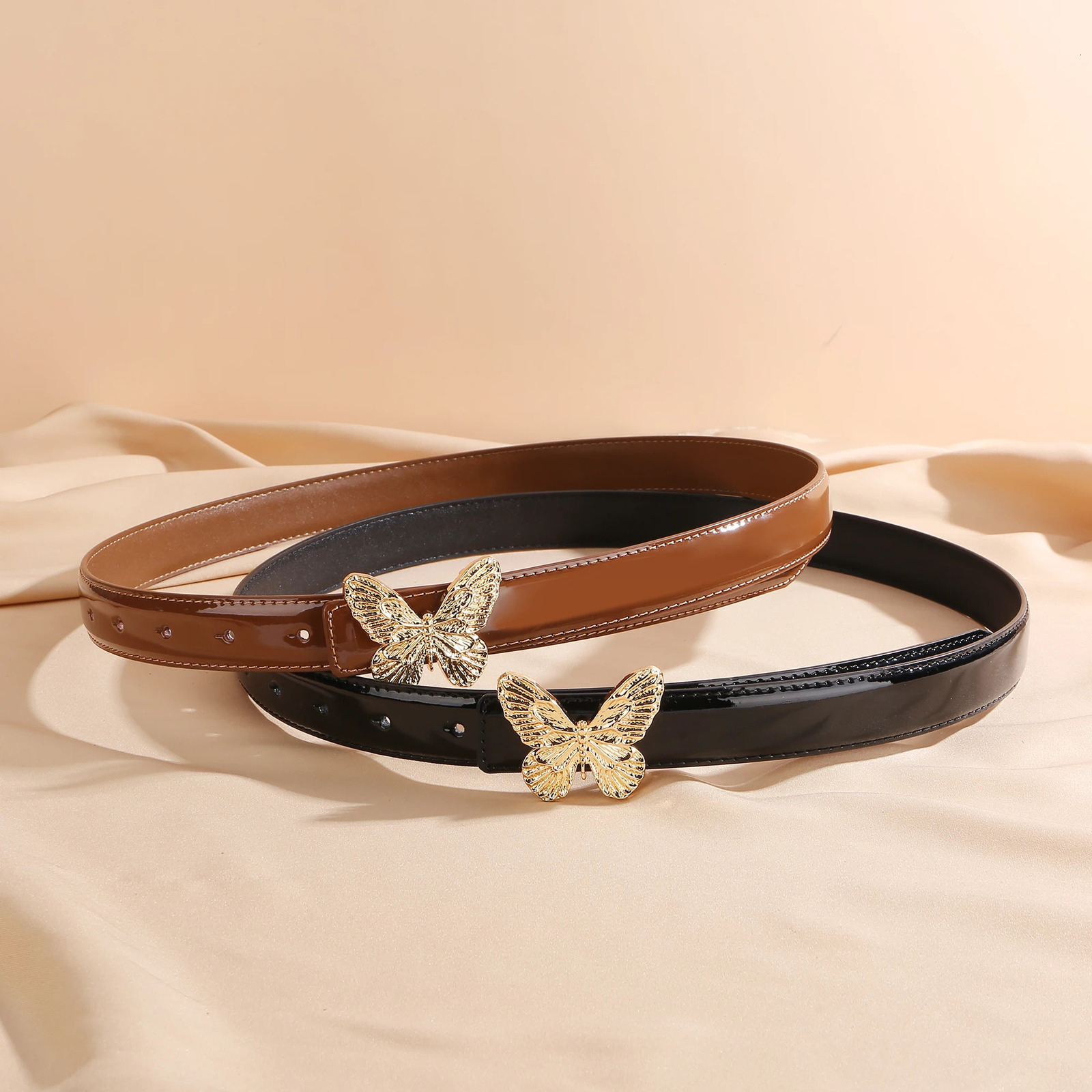 Elegant Womens Belts Pink Y2k Belt Fashion Gold Butterfly Buckle Belt Black Brown Ladies Leather Belts for Jeans Dresses 250527