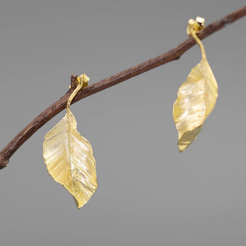 S925 Sterling Silver Autumn Large Leaf Stud Earrings Gold Fine Jewelry Earrings for Women Gift 250527