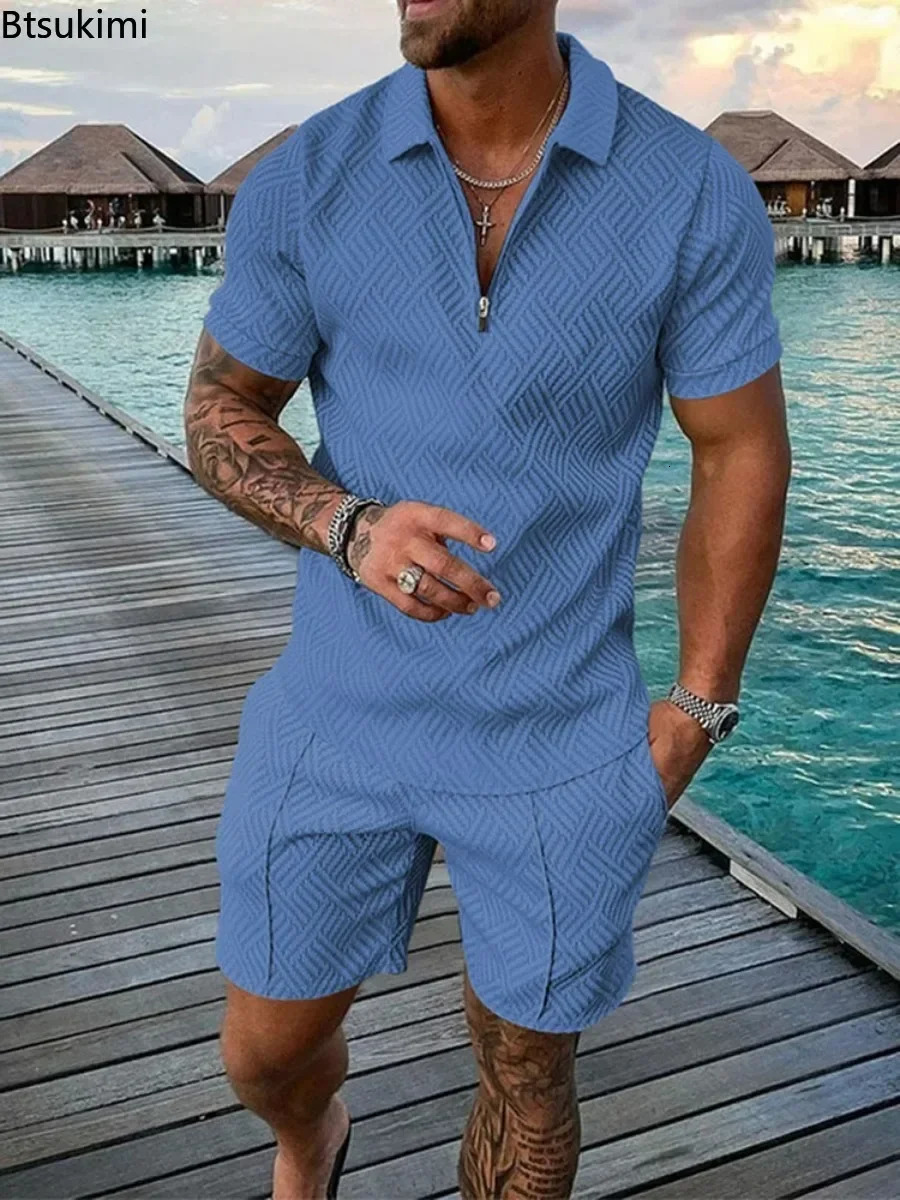2025 Mens Polo Suit Fashion Men Sets Solid Summer Vneck Zipper Short Sleeve POLO ShirtShorts Two Pieces Casual 250522