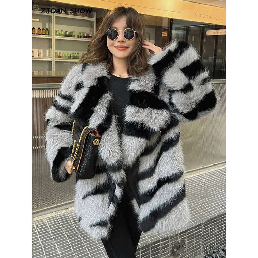 HIGH QUALITY Winter Zebra Striped Large Lapel Coat Long Sleeve Warm Shaggy Faux Fur Jacket Loose Outwear
