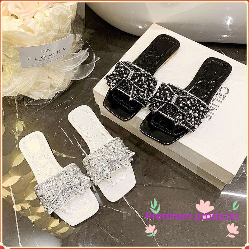 Exquisite Bow Tie Rhinestone Slippers For Women's Summer New Designer Sandals Comfortable Flat And Fashionable Sandals Luxurious Shoes