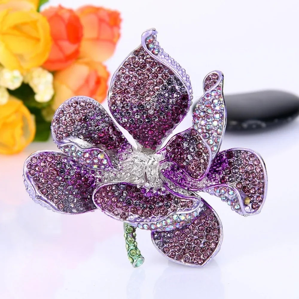 Womens Austrian Crystal Orchid Flower Petal Brooch 250527