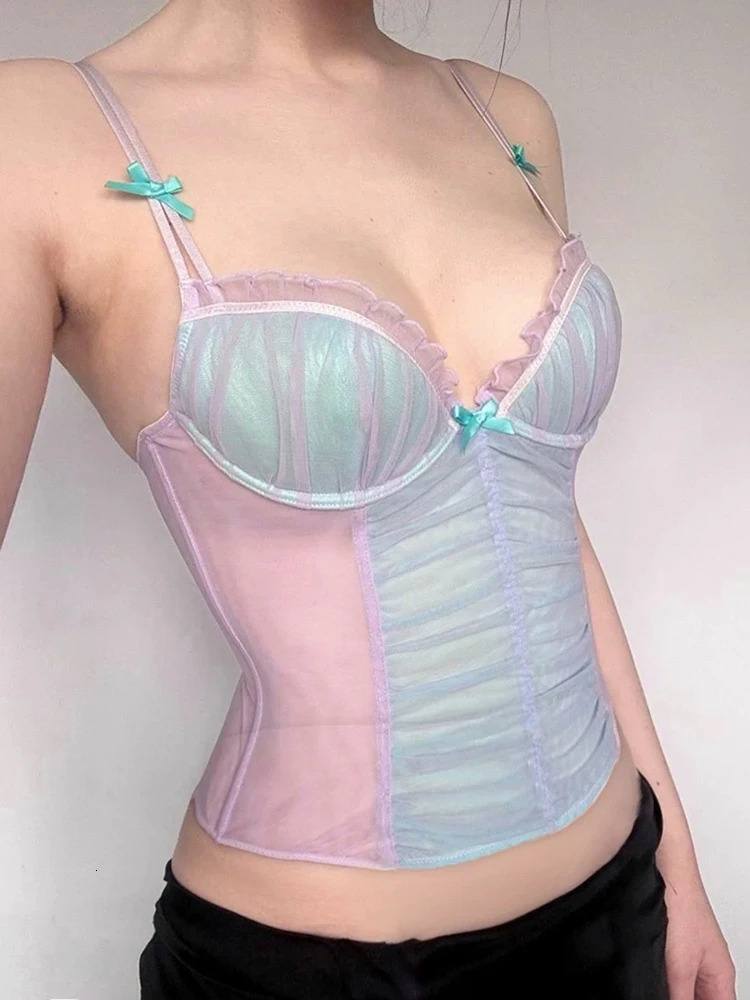 Nibber Patchwork Mesh Folds Camisole Women Ribbon Bow Lace See Through Low-Neck Sleeveless Backless Skinny Sweet Fashion Tops 250523