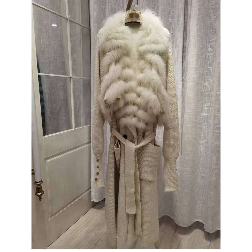 ZDFURS*2022 New Women Special Autumn Real Knitting OverSize Coat Fox Fur Collar Lady's Fashion Long Sweater Length 110cm