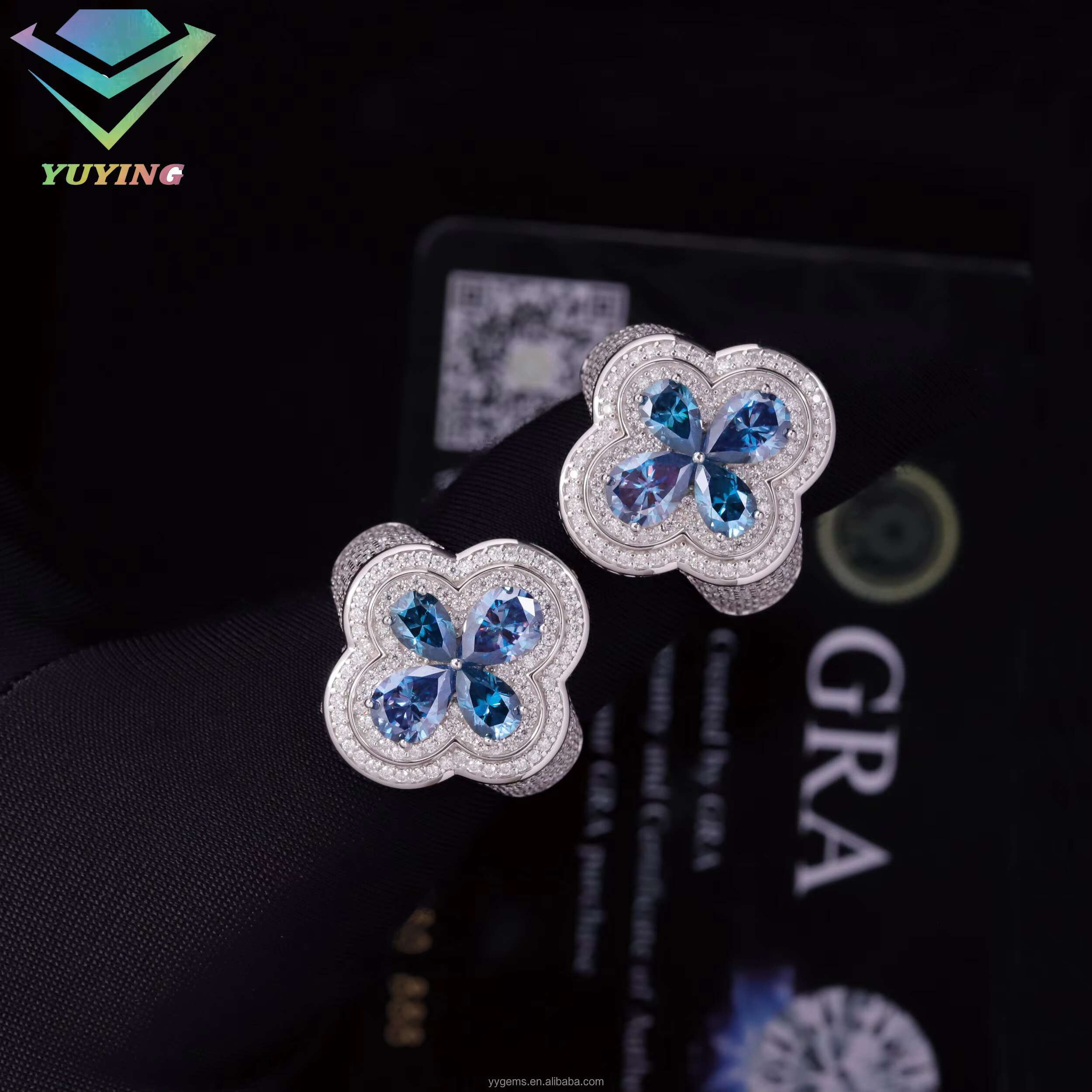 Fashion Clover Blue Mossanite Ring Fine Jewelry 925 Sterling Silver Hip Hop Ring for Men Women VVS Moissanite Diamond Cuban Ring