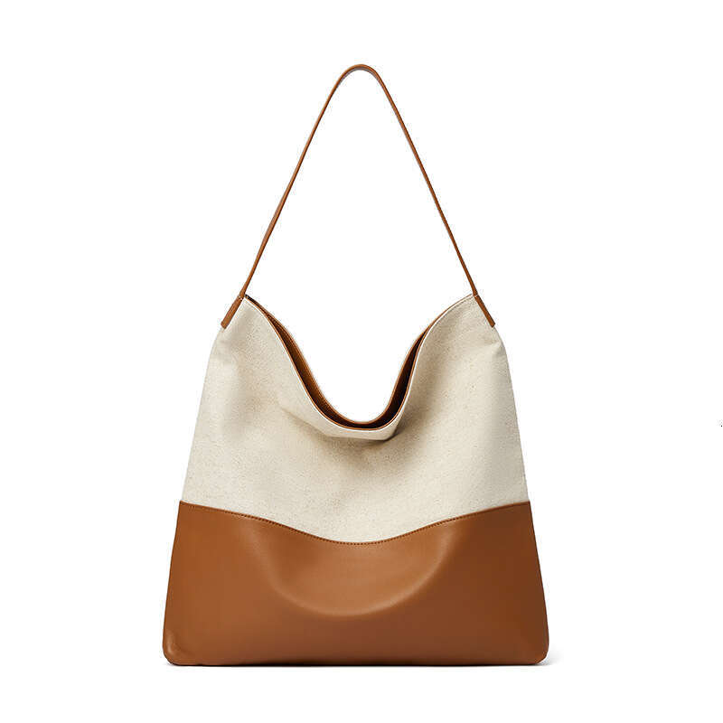 Color-Block Cowhide and Canvas Casual Lazy Style Underarm Shoulder Large Capacity Tote Bag for Women