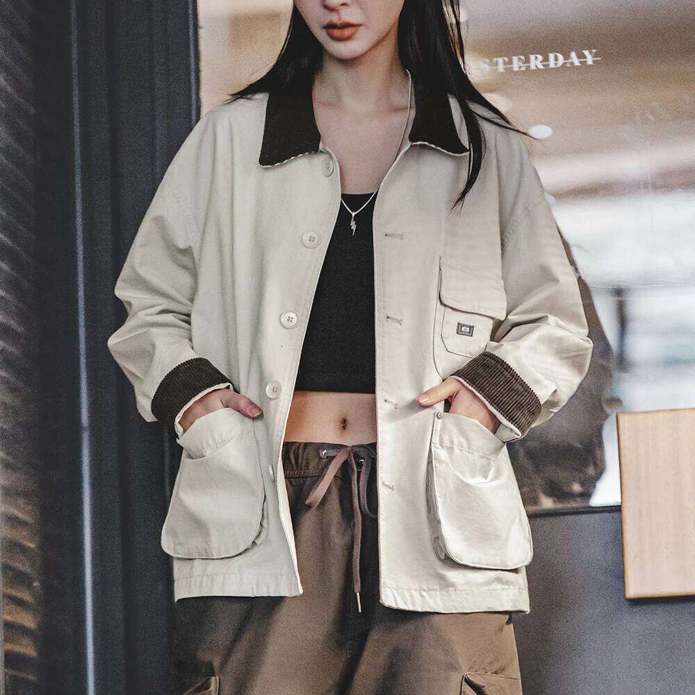 Maden Vintage Corduroy Patchwork for Women and Men Michigan Workwear Hunting Jacket Unisex Stand Collar Tops