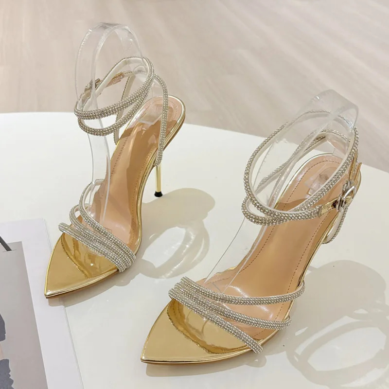 Liyke Fashion Glitter Crystal Ankle Strap Sandals Women Elegant Pointed Toe Rhinestone High Heels Wedding Prom Shoes Size 35-41 250526