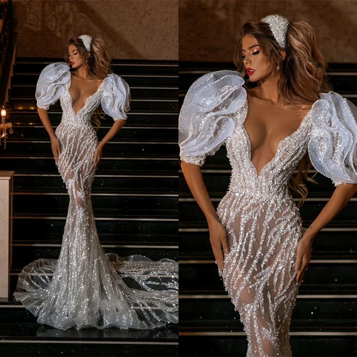 Sexy Mermaid Wedding Dress Sheer Neck Short Sleeves Bridal Gowns Sequins See Through Sweep Train Dresses Custom Made vestidos de novia