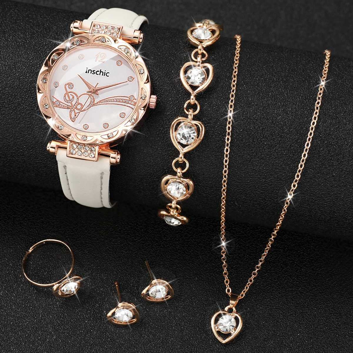 6PCS/Set Fashion Rhinestone Womens Watch Leather Band Analog Quartz Watches Rhinestone Heart Jewelry Set(Without Box) XJ250527