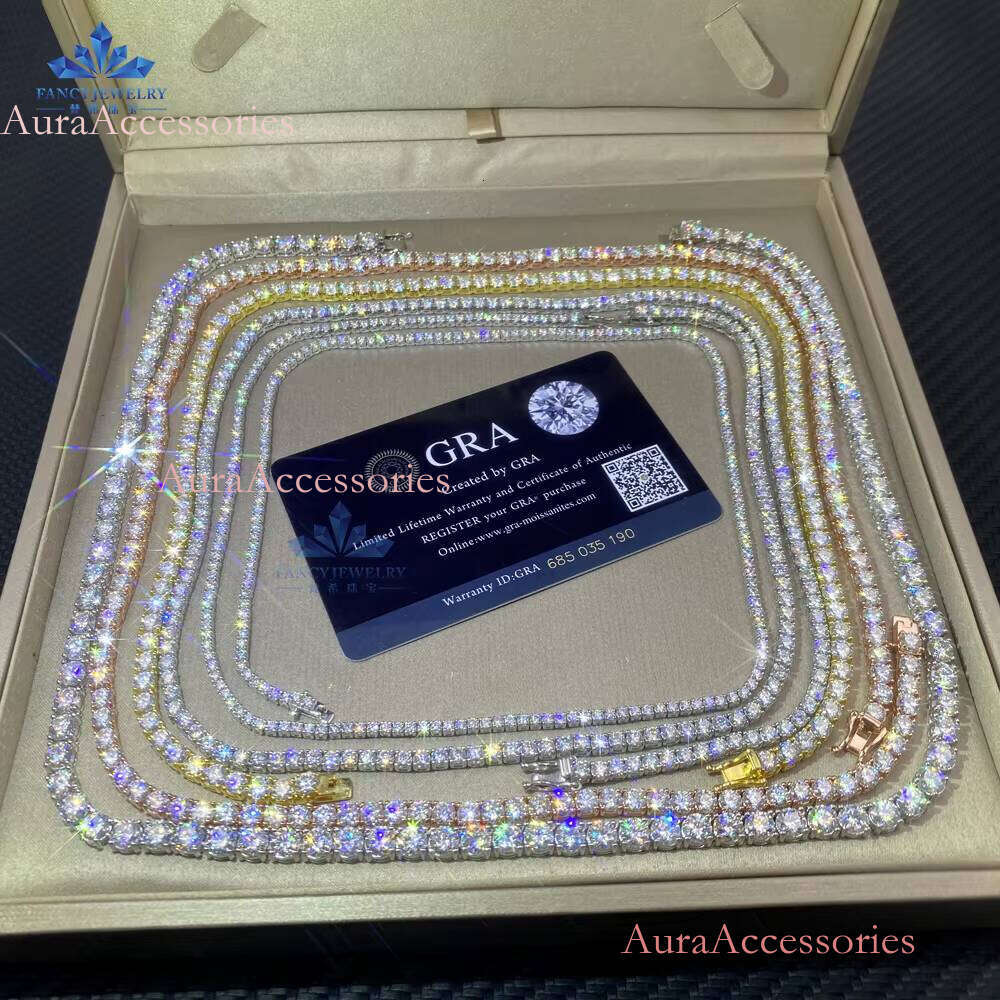 RTS Large Stock 2.0mm-5.0mm Hip Hop Sier Iced D VVS1 Moissanite Tennis Chain Necklaces Pass Dia Tester for Gift